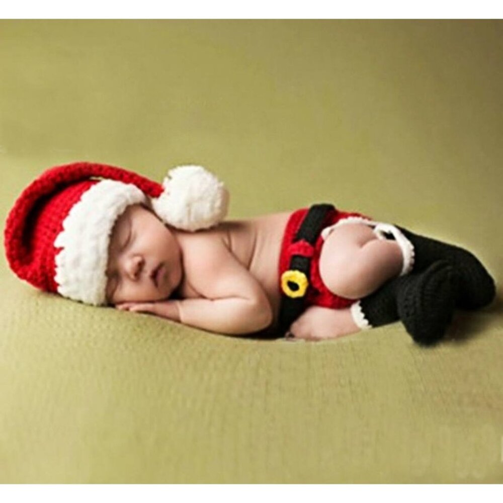 New Christmas Santa Claus Crochet Infant 3 Piece Photo Outfit Set Size 0-3 Month